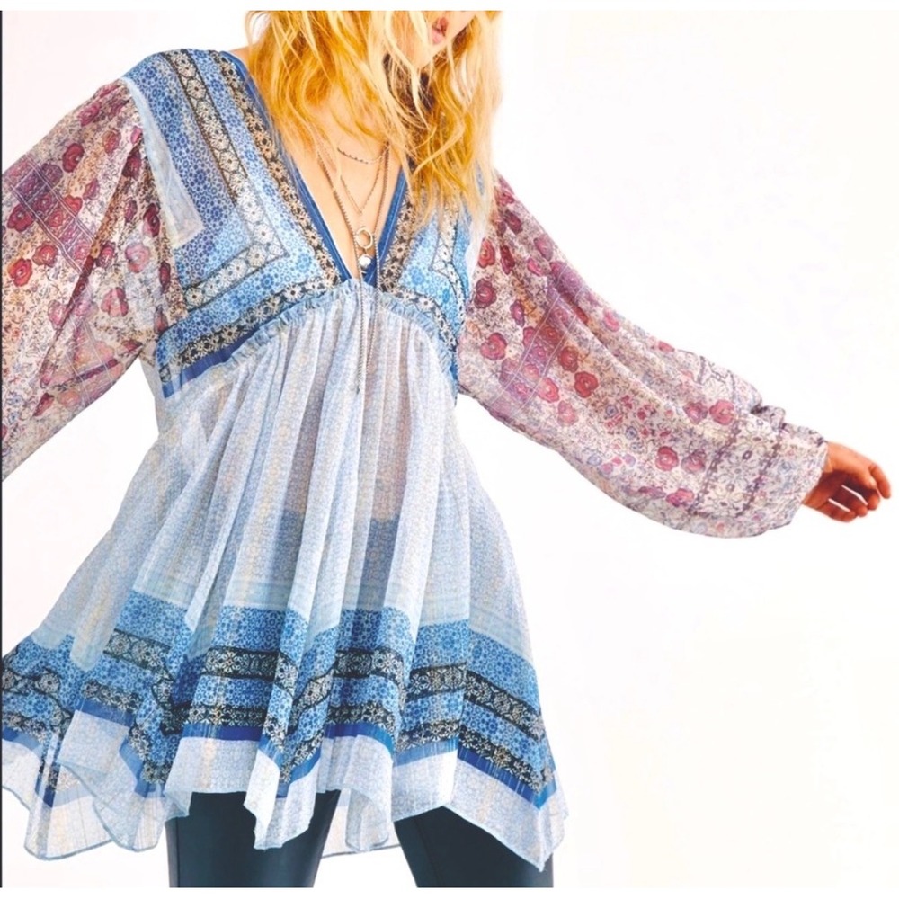 Free People Aliyah Blue Floral Metallic Sheer V-Neck Babydoll Tunic Top XS
